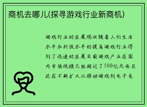 商机去哪儿(探寻游戏行业新商机)