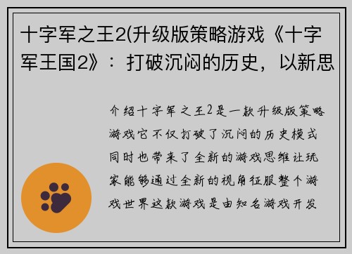 十字军之王2(升级版策略游戏《十字军王国2》：打破沉闷的历史，以新思维征服世界！)
